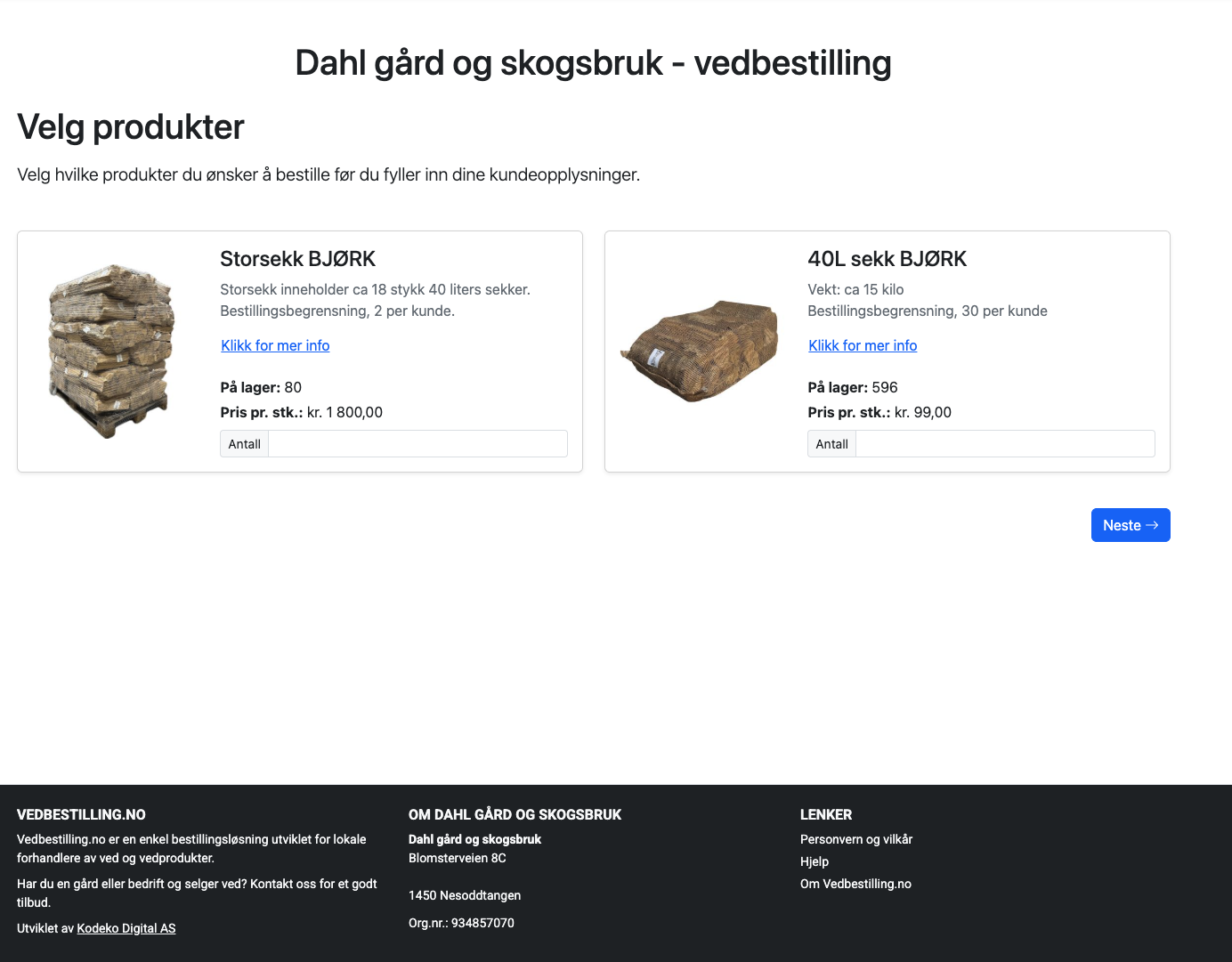 Eksempel på bestillingsside for ved